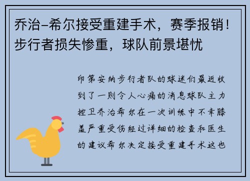 乔治-希尔接受重建手术，赛季报销！步行者损失惨重，球队前景堪忧