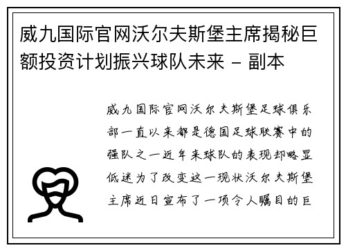 威九国际官网沃尔夫斯堡主席揭秘巨额投资计划振兴球队未来 - 副本